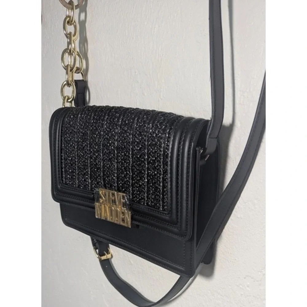 Steve Madden‎ Black Crossbody Bag Woven Chain Strap Flap Closure